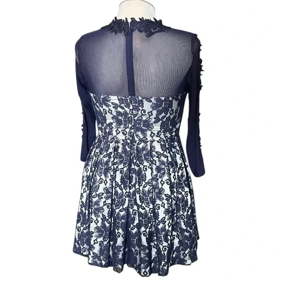 Chi Chi London Navy Lace Illusion Neck Long Sleeve Pleated Fit Flare Dress